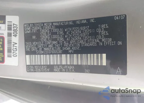 2007 Toyota Sienna Xle from USA, damaged, VIN 5TDBK22C07S005387